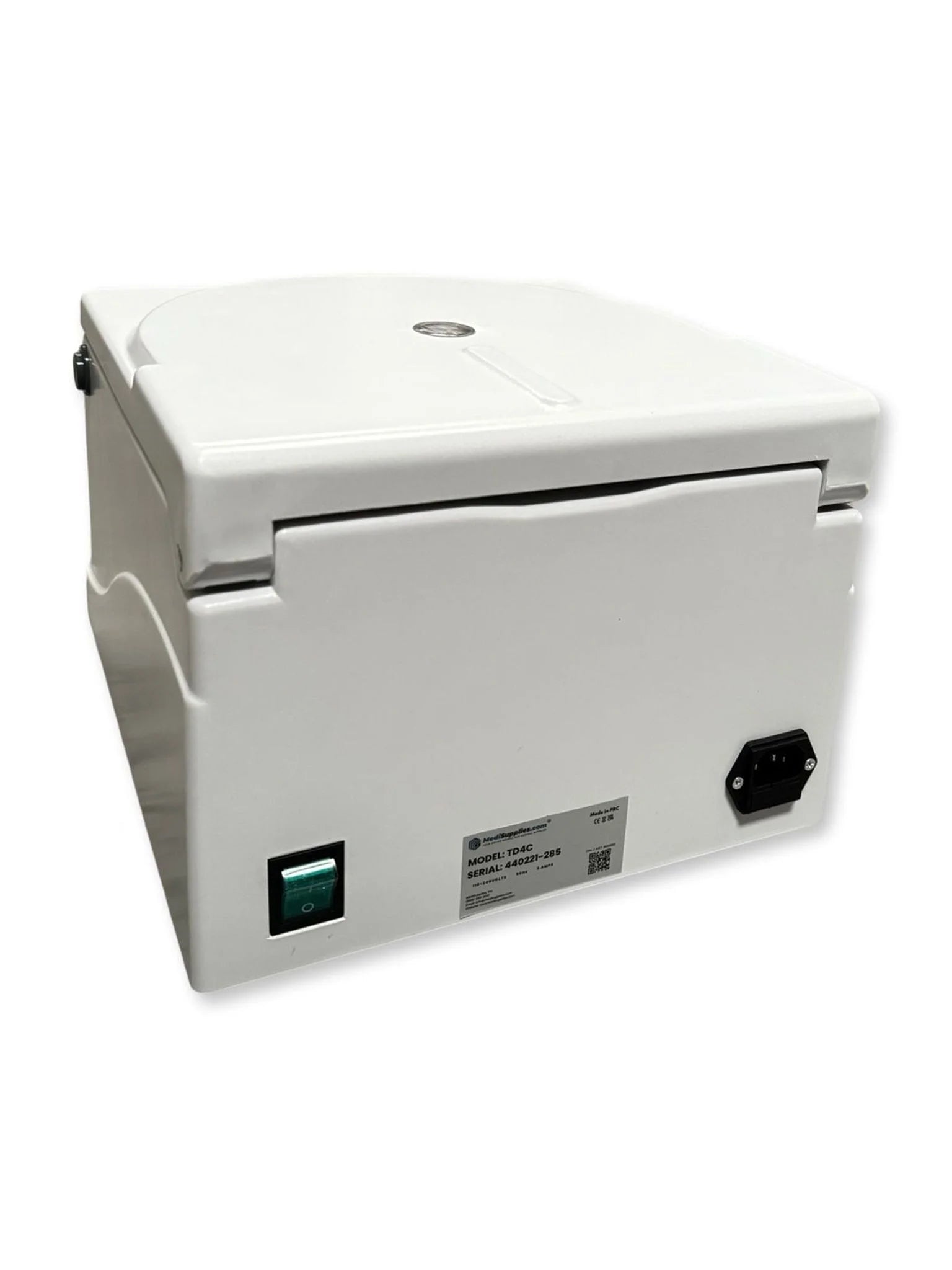 Back side view of a portable centrifuge machine with a digital display and multiple settings, designed for laboratory use. It is an ideal centrifugation device purchase.