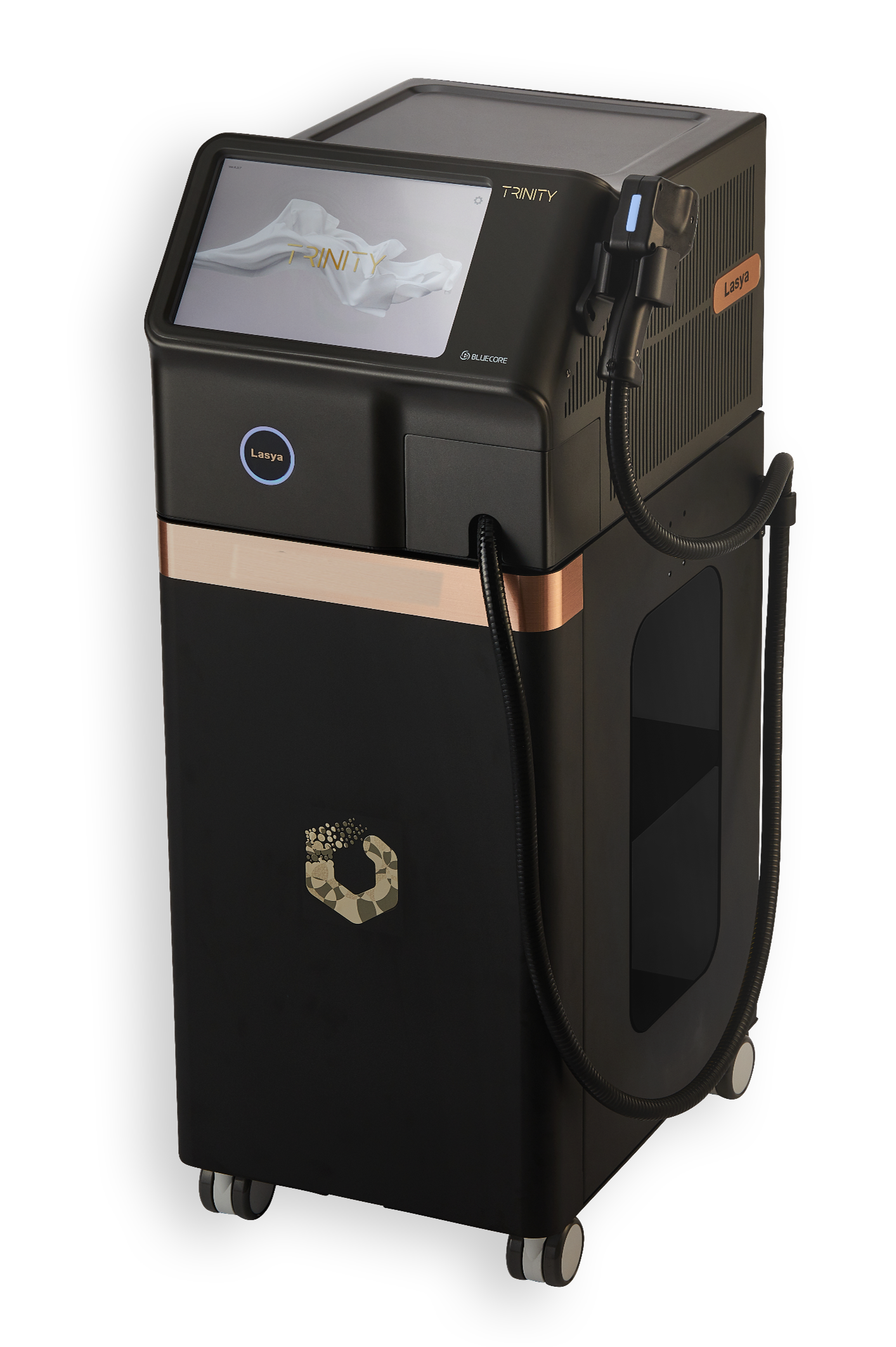 Black and rose gold machine with a screen on a white background. It is an ideal device purchase.