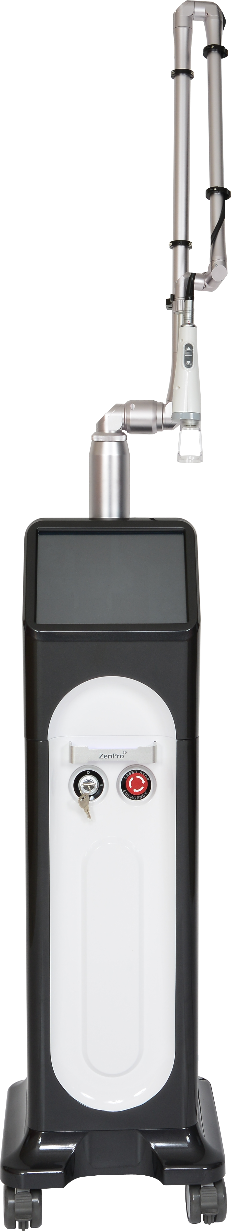 Portable device with a black and white design, featuring a red button and a clear tube.