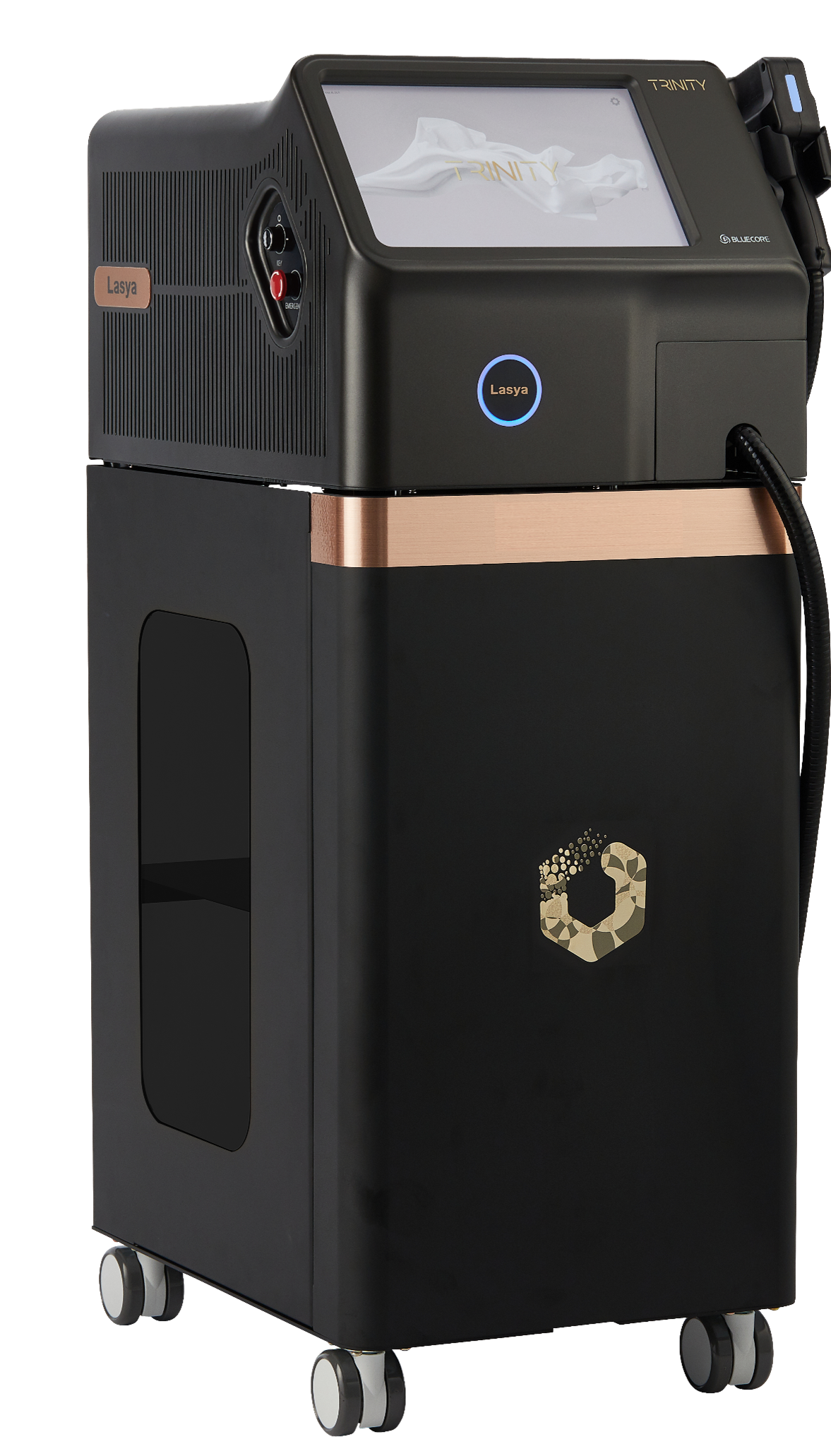 Black and rose gold machine with a screen on top, featuring a logo on the side.