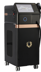Black and rose gold machine with a screen on top, featuring a logo on the side.