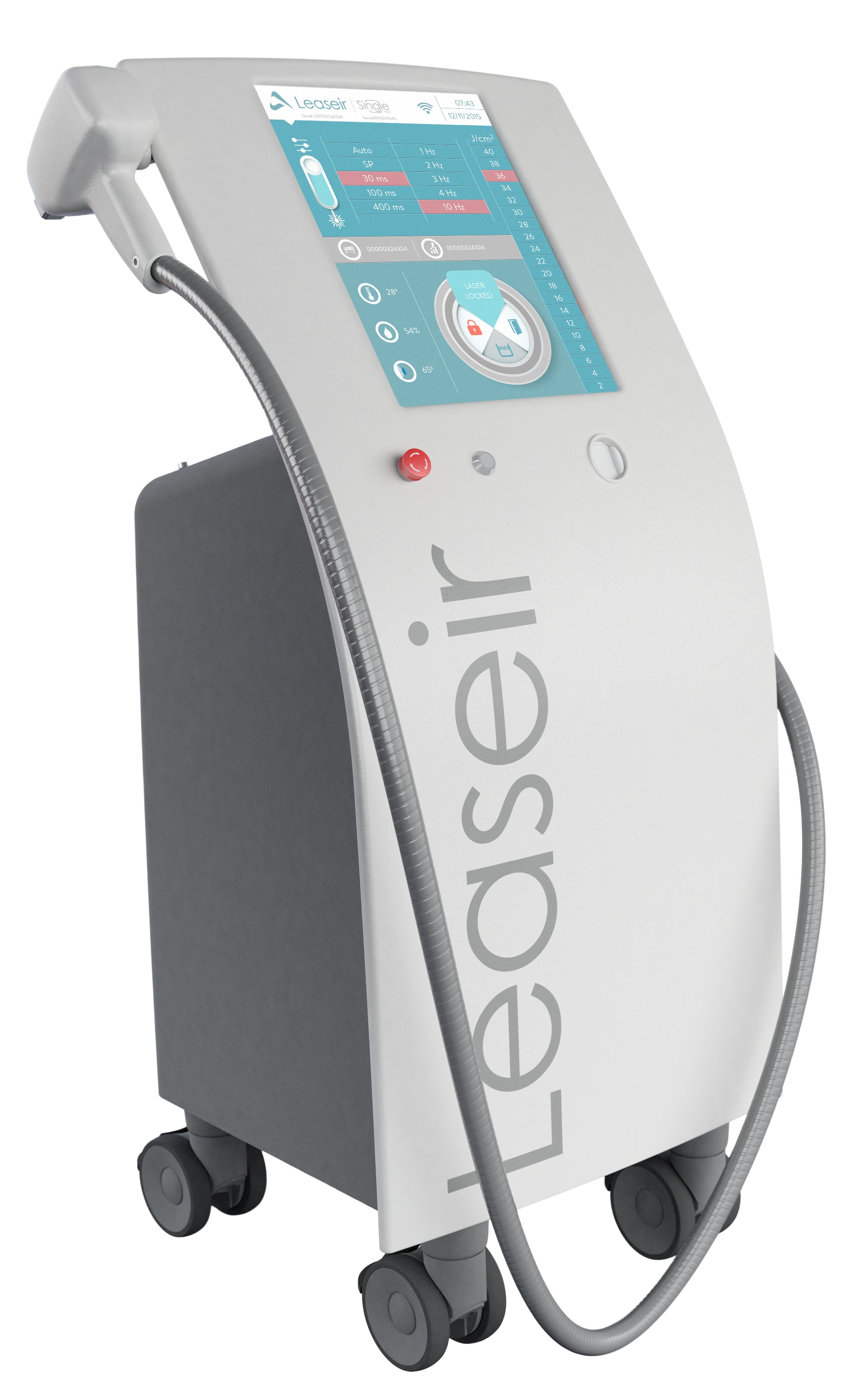 Leaseir medical device on wheels with a digital screen, control buttons and treatment handpiece. It is a great value aesthetic laser purchase.