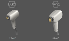 Two handheld devices labeled 'Dual' and 'Quad' on a gray background with measurements.