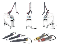 LUCID Q-PTP laser device on wheels with digital display, control buttons and different treatment handpieces. It is a great value aesthetic laser purchase.