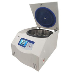 Laboratory centrifuge with blue rotor, digital control buttons on the front. It is the best device purchase.
