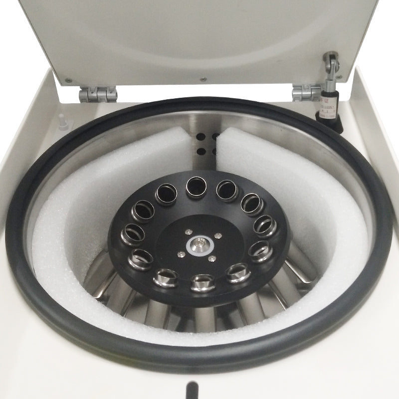 A white, low-speed centrifuge with a rotor inside the machine. It is a great device purchase.
