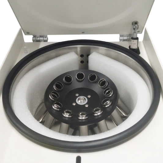A white, low-speed centrifuge with a rotor inside the machine. It is a great device purchase.