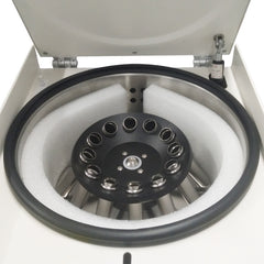 A white, low-speed centrifuge with a rotor inside the machine. It is a great device purchase.
