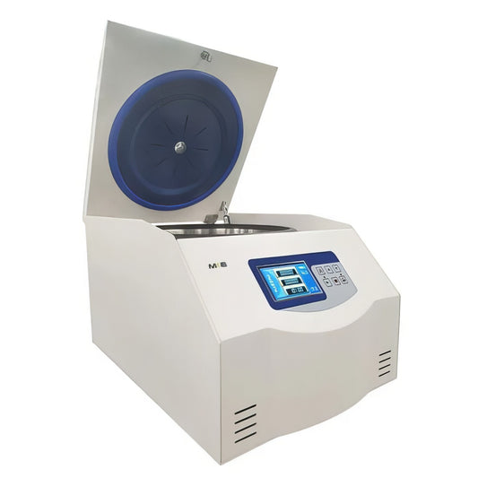 Laboratory centrifuge with blue rotor, digital control buttons on the front. It is the best device purchase.