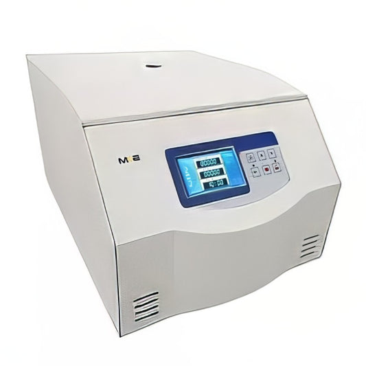 White laboratory centrifuge with digital display on a white background. It is an ideal device purchase.
