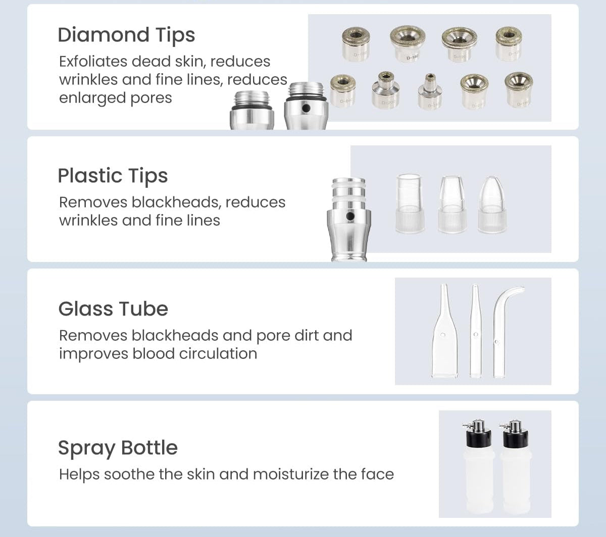 Product display with diamond tips, plastic tips, glass tube, and spray bottle on a light gray background. It is an ideal device purchase.