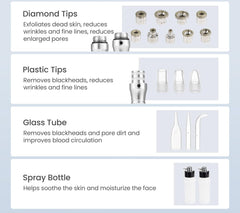 Product display with diamond tips, plastic tips, glass tube, and spray bottle on a light gray background. It is an ideal device purchase.