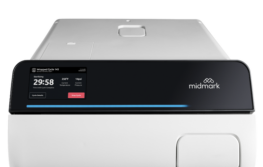 Silver medical device with black digital control top and 'midmark' branding.  It is an ideal value device purchase.
