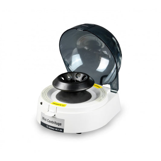 A compact and portable Meteor Handheld Centrifuge with a clear cover lifted partially, displaying the inside mechanism which includes a black rotor and white body with some black components.