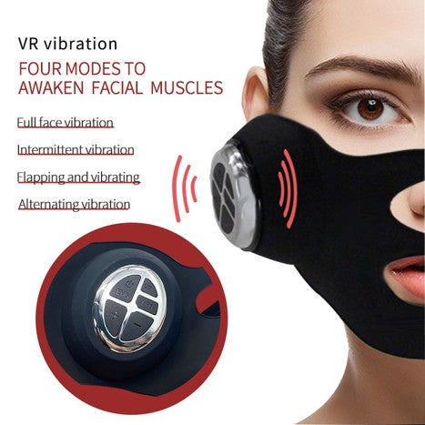 Black face mask with electronic component and text about VR vibration modes on a white background. It is a great EMS device purchase.