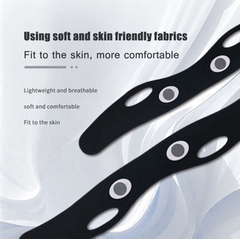 Image showing the fabrics used in a black slimming face mask and the benefits. It is a great Micro Current EMS device purchase.