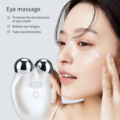 Eye massager with a woman using it on her face, promoting eye cream and relieving eye fatigue. It is a great EMS device purchase.
