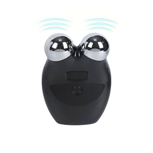 Black electronic device with a round shape and two spherical massager components on a white background. It is a great EMS device purchase.