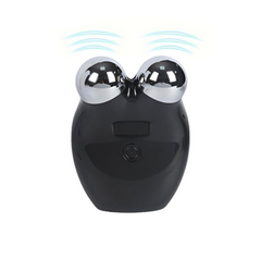 Black electronic device with a round shape and two spherical massager components on a white background. It is a great EMS device purchase.