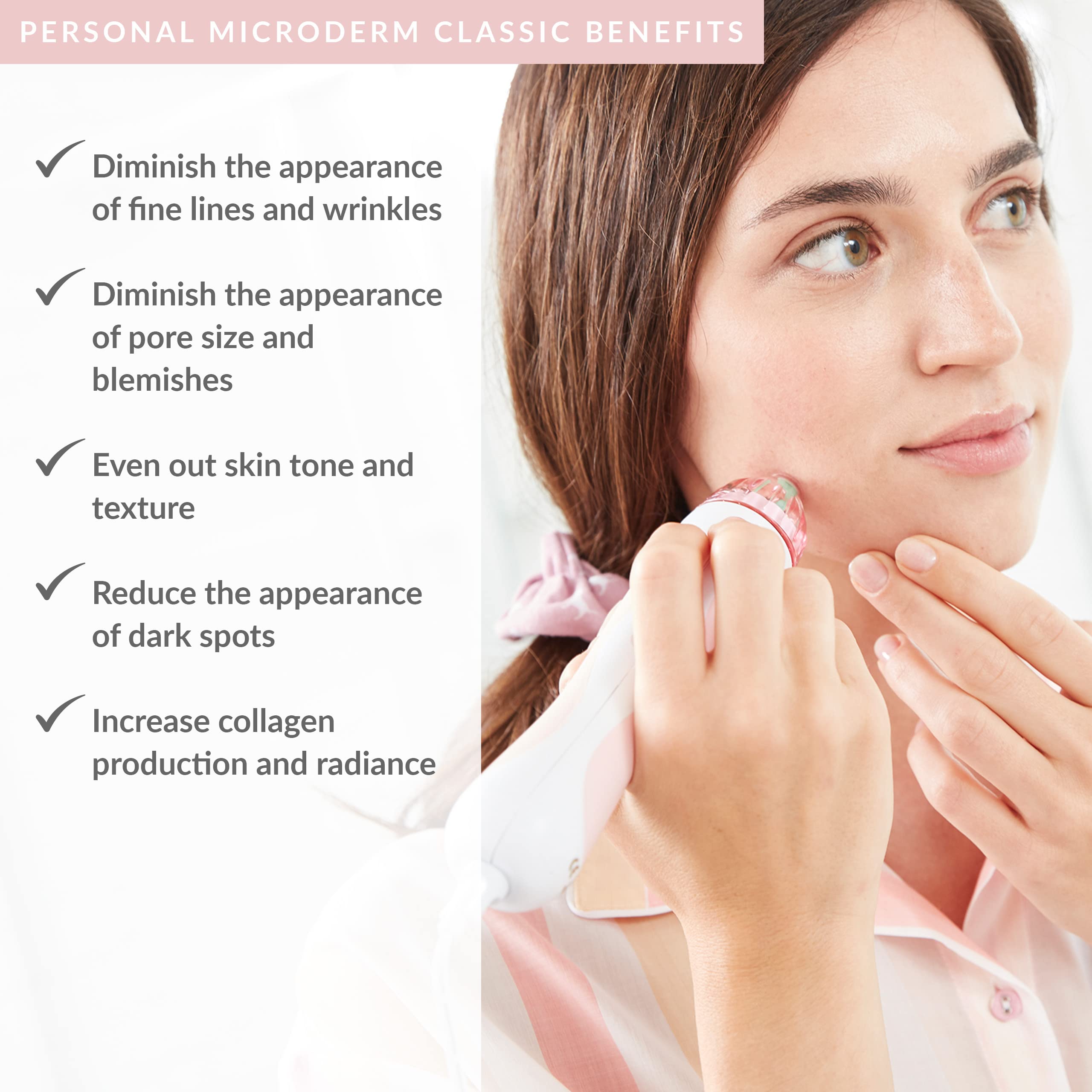 A promotional image featuring a woman using the PMD Personal Microderm Classic device on her face, highlighting the product's benefits such as diminishing fine lines, wrinkles, pore size, blemishes, dark spots, and increased collagen production.