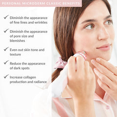 A promotional image featuring a woman using the PMD Personal Microderm Classic device on her face, highlighting the product's benefits such as diminishing fine lines, wrinkles, pore size, blemishes, dark spots, and increased collagen production.