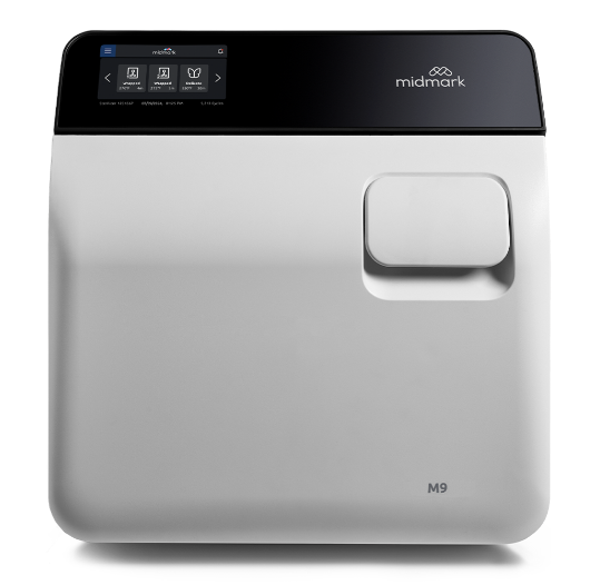 Midmark M9 Automatic Steam Sterilizer with the front view, featuring a digital display and control panel on top, and door handle.