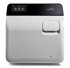 Midmark M9 Automatic Steam Sterilizer with the front view, featuring a digital display and control panel on top, and door handle.