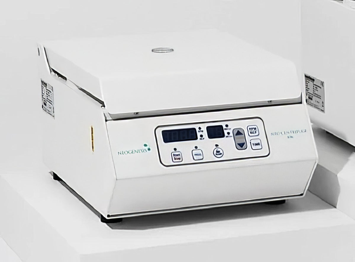 White electronic centrifuge device with digital display on a white background, it is a great device purchase.