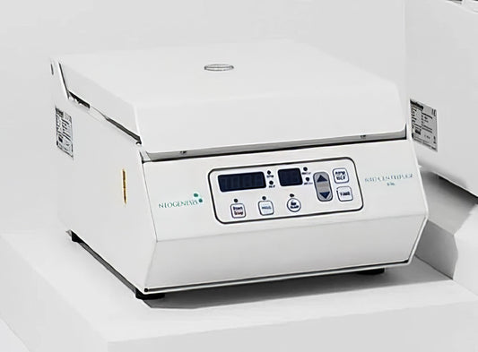 White electronic centrifuge device with digital display on a white background, it is a great device purchase.