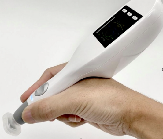 A handheld non-invasive plasma treatment device, with a digital display showing treatment settings.  It is a great plasma device purchase.