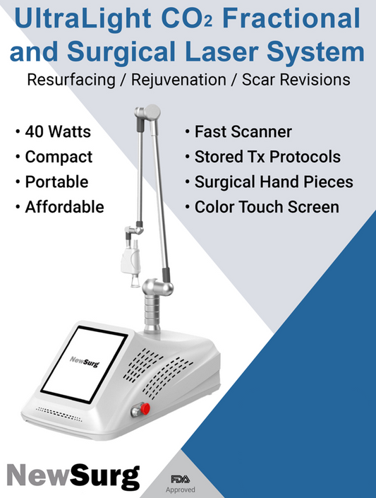 NewSurg UltraLight CO2 Fractional and Surgical Laser System with features listed on a blue and gray background. It is an ideal device purchase.