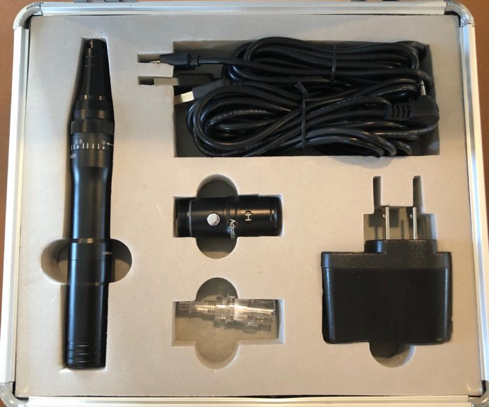 Image showing Dermal Pen with charger and adapter, It is an ideal value Microneedling device purchase.