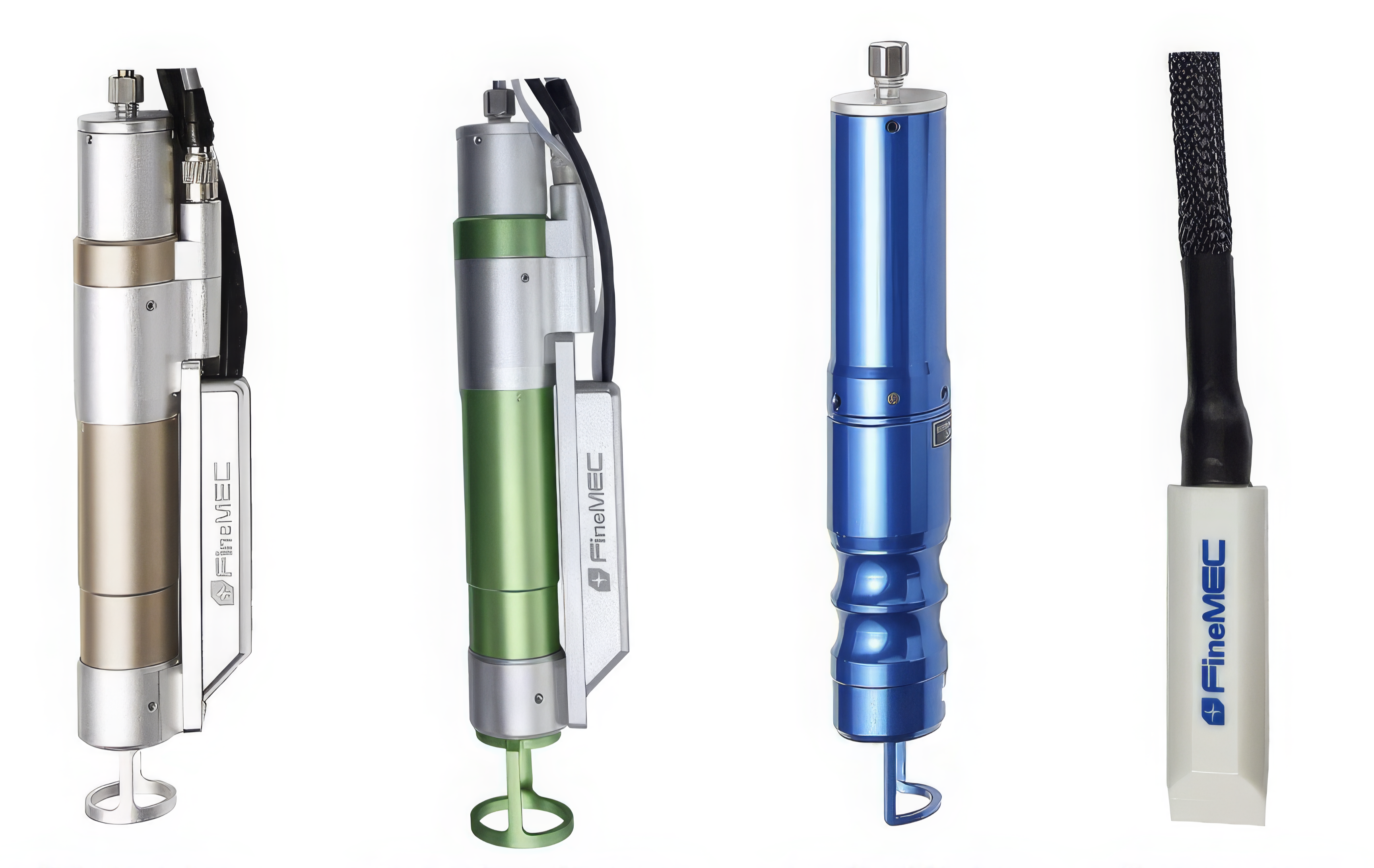 Set of medical laser handpieces with labels on a white background.