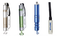 Set of medical laser handpieces with labels on a white background.