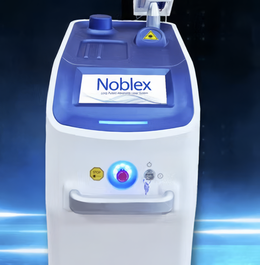 Noblex laser machine with a front view on a dark background. It is a great value laser purchase.