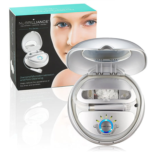 NuBrilliance diamond microdermabrasion device with packaging featuring a woman's face. It is an ideal device purchase.