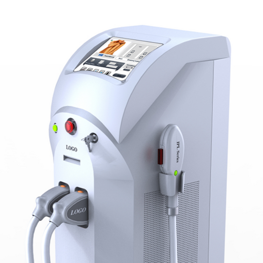 White medical device with control panel and attachments on a white background. Omni IPL AFT-SHR600A