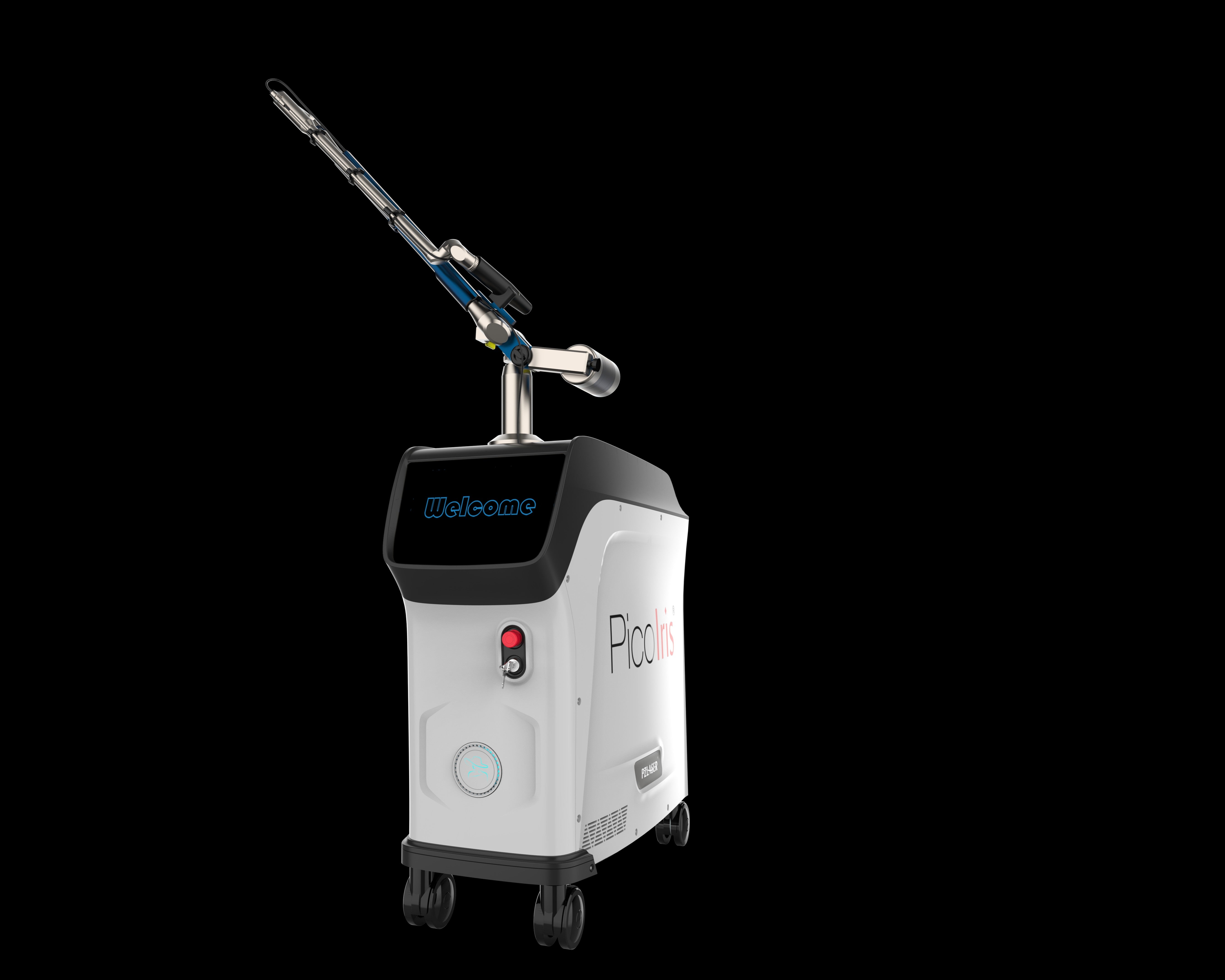 Image showing side front view of PicoIris® Advanced 5-Mode Picosecond Laser medical device with a nozzle on wheels. It is an ideal laser device purchase.