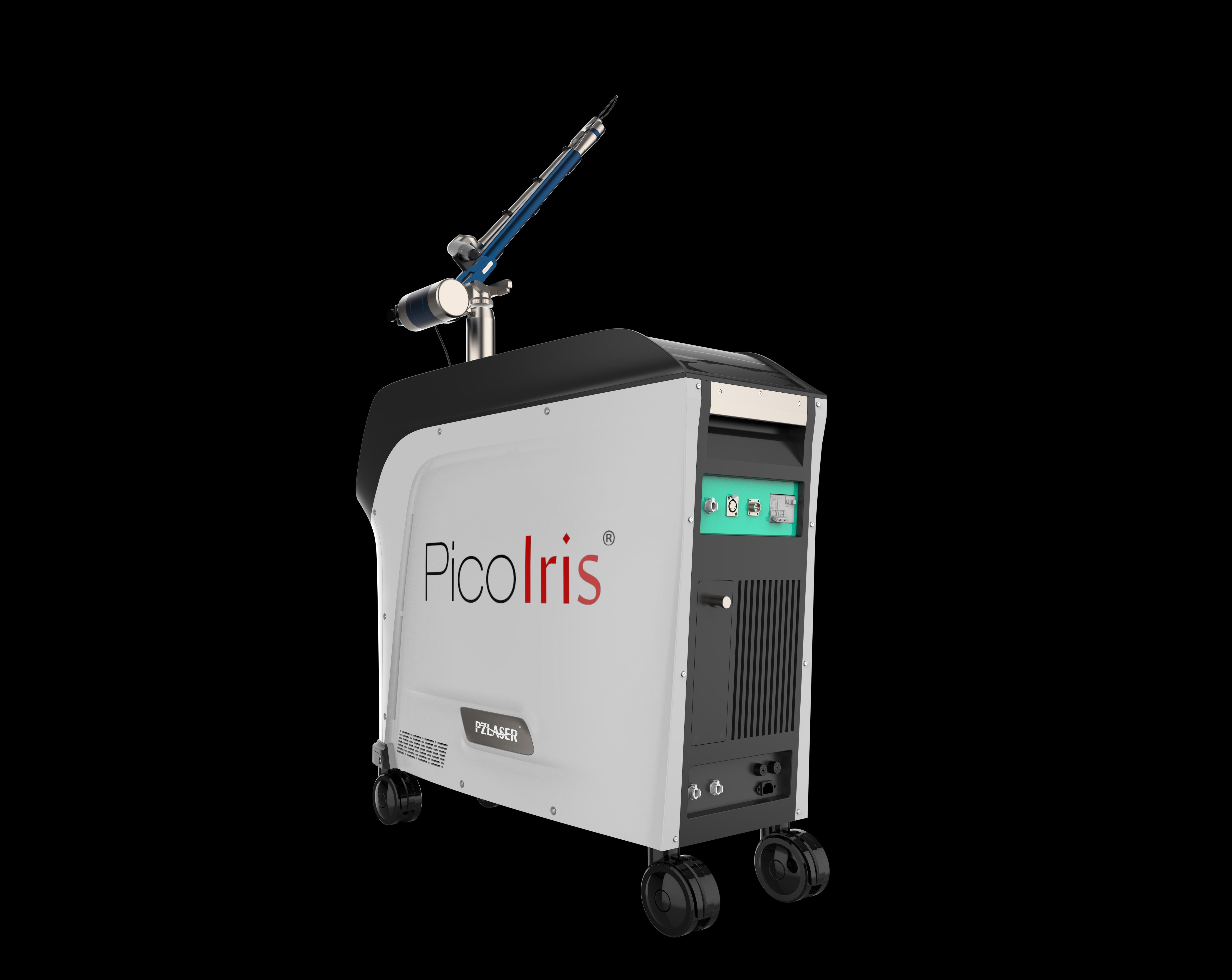 Image showing side front view of PicoIris® Advanced 5-Mode Picosecond Laser medical device with a nozzle on wheels. It is an ideal laser device purchase.
