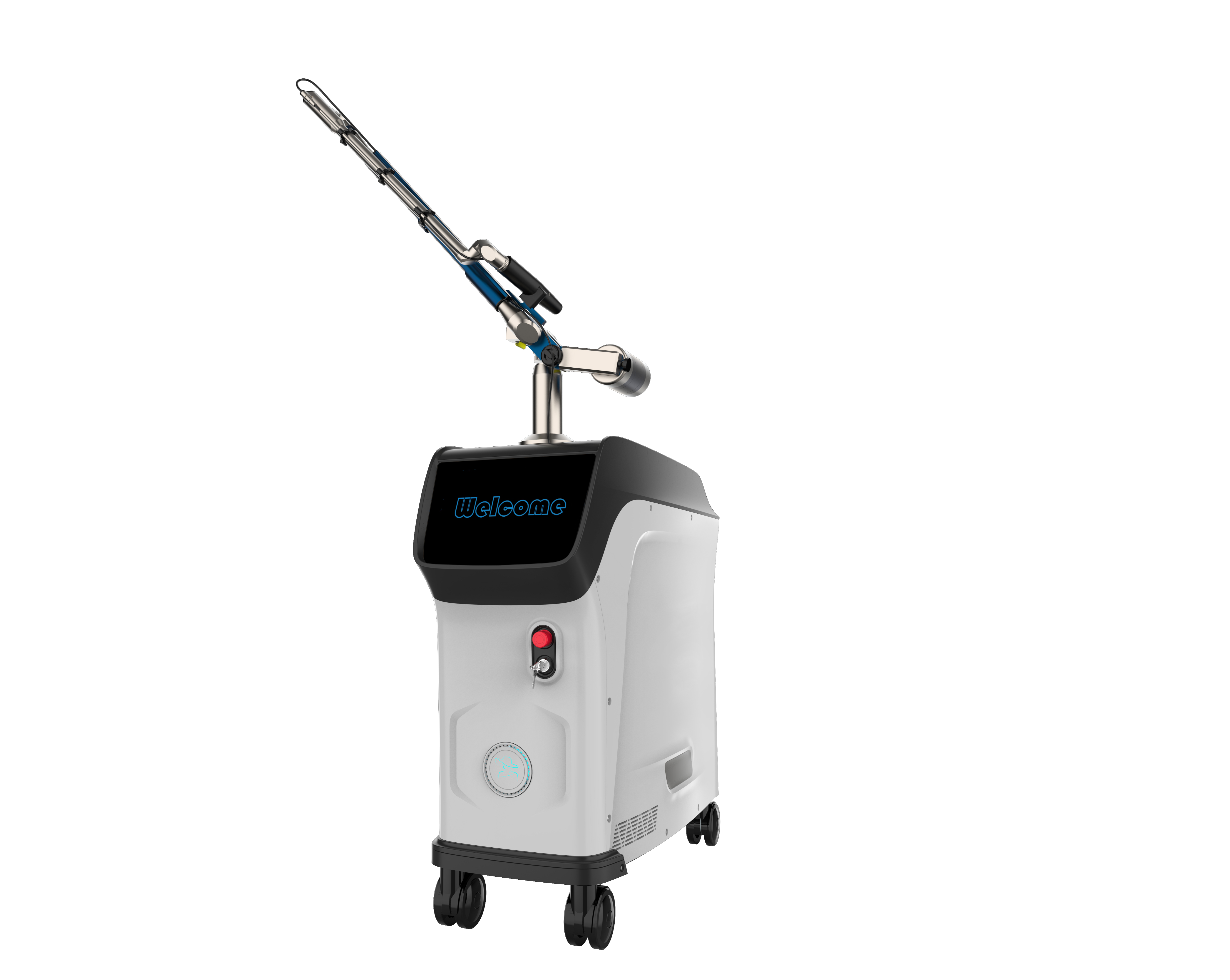 PicoIris® Advanced 5-Mode Picosecond Laser medical device with a nozzle on wheels in a side view. It is an ideal laser device purchase.