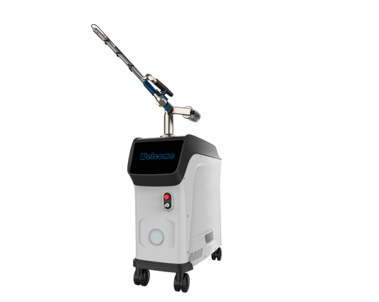 PicoIris® Advanced 5-Mode Picosecond Laser medical device with a nozzle on wheels in a side view. It is an ideal laser device purchase.
