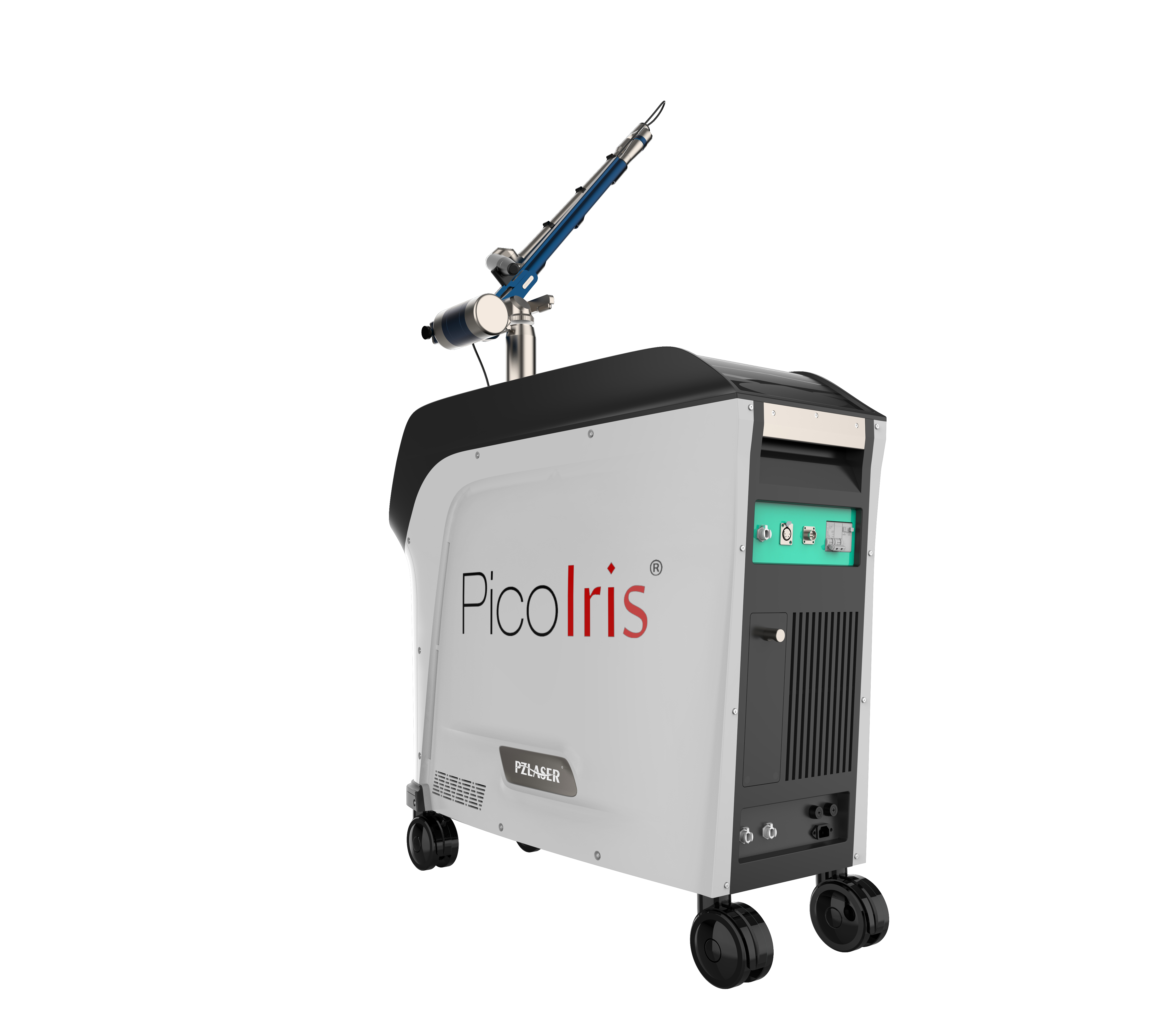 Image showing side front view of PicoIris® Advanced 5-Mode Picosecond Laser medical device with a nozzle on wheels. It is an ideal laser device purchase.
