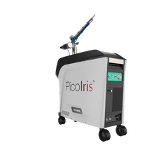 Image showing side front view of PicoIris® Advanced 5-Mode Picosecond Laser medical device with a nozzle on wheels. It is an ideal laser device purchase.