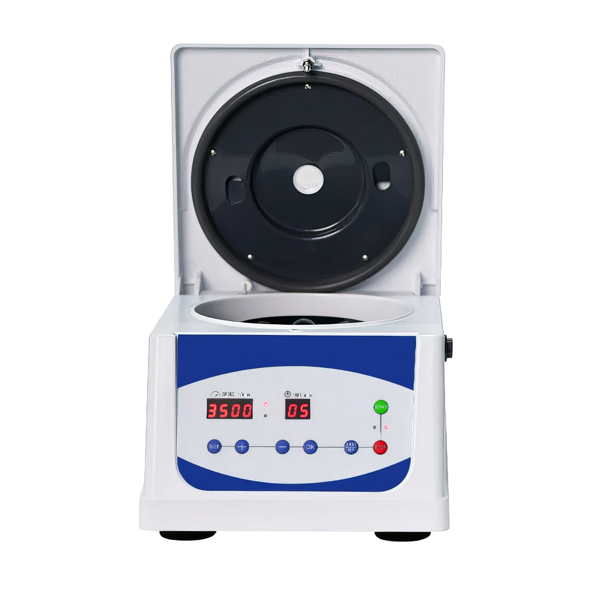 Laboratory centrifuge with a rotor inside, and digital display control panel on the front side. It is the best device purchase.