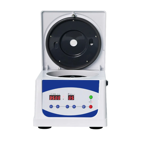 Laboratory centrifuge with a rotor inside, and digital display control panel on the front side. It is the best device purchase.