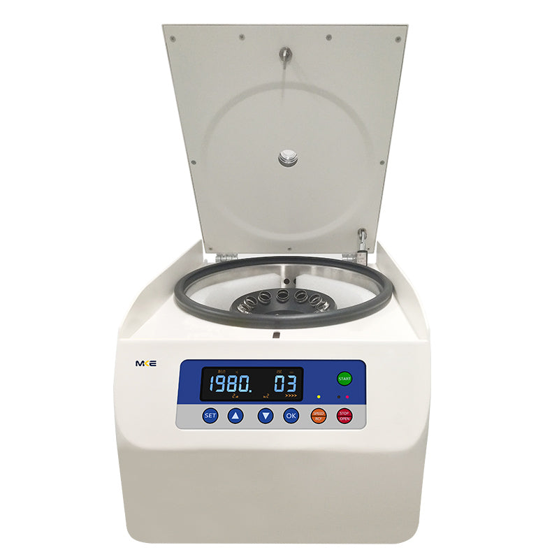 A white, low-speed centrifuge with a digital display, inside rotor and control buttons on the front panel. The brand MKE is visible on the top left corner.
