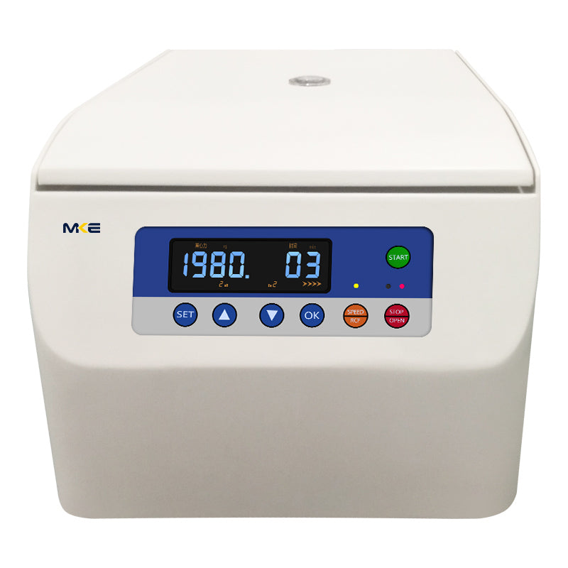 A white, low-speed centrifuge with a digital display and control buttons on the front panel. The brand MKE is visible on the top left corner.