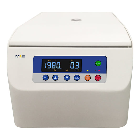 A white, low-speed centrifuge with a digital display and control buttons on the front panel. The brand MKE is visible on the top left corner.