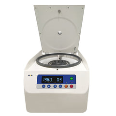 A white, low-speed centrifuge with a digital display, inside rotor and control buttons on the front panel. The brand MKE is visible on the top left corner.