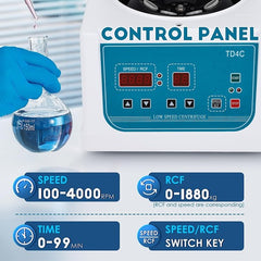 Laboratory centrifuge with control panel and a gloved hand holding a beaker. Image shows Speed Time, RCF and Speed/RCF.